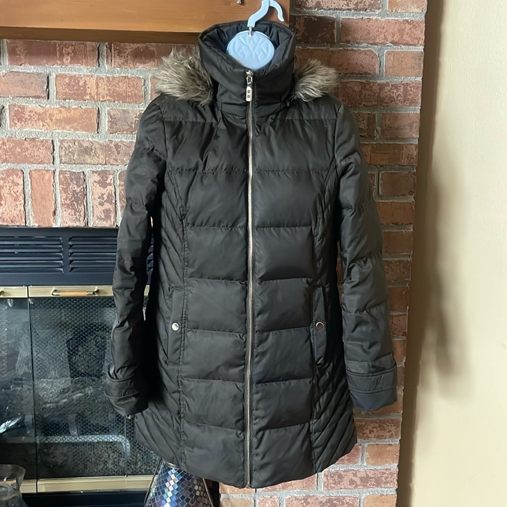 Kenneth Cole Reaction Waterfowl Duck Down Filled Long Khaki Green Puffer Coat